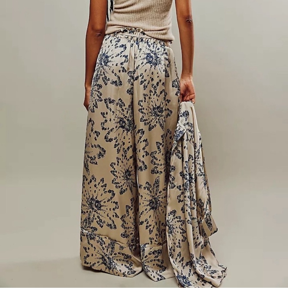 NWOT Intimately Free People Goddess Lounge Wide Leg Pants Pearl Combo Boho Satin - Picture 3 of 12